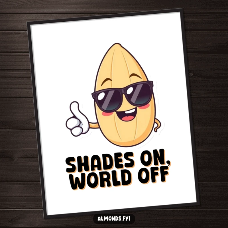 Funny poster showcasing a cheerful almond in sunglasses giving a thumbs up, bringing a dose of nutty optimism to any space.