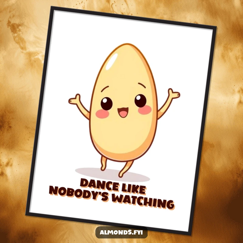 Funny poster depicting a wiggling almond character caught in a hilarious, energetic dance move, bringing joy to any wall.
