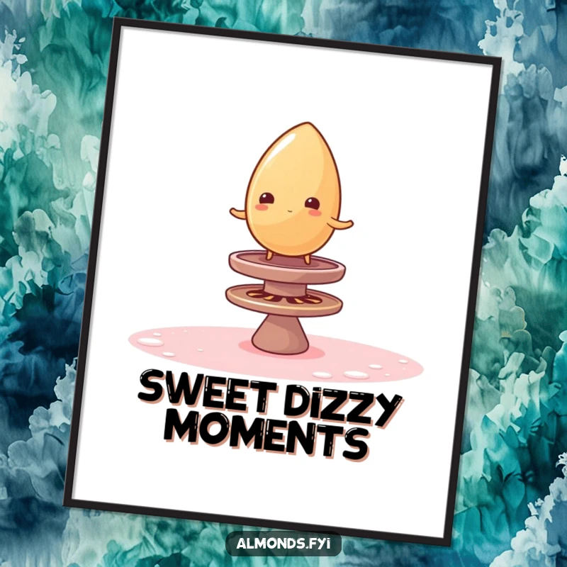 Funny poster illustrating a wobbly almond attempting to balance on a spinning sugar top, whimsical and humorous wall art.