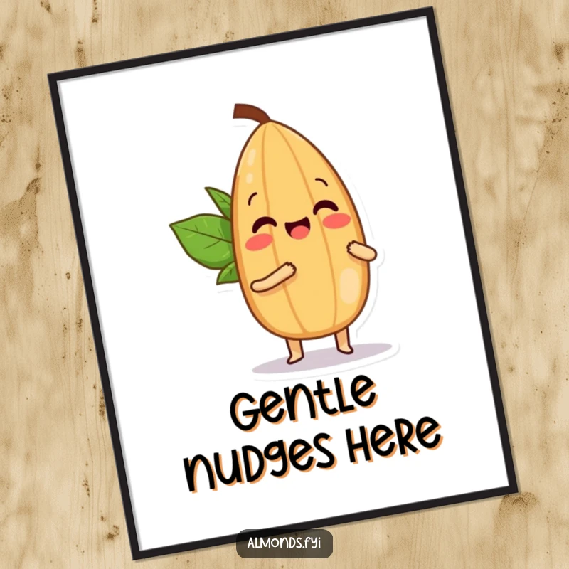 Funny poster print of a cheerful almond character playfully bopping a smaller almond character with its tip, full of mirth.