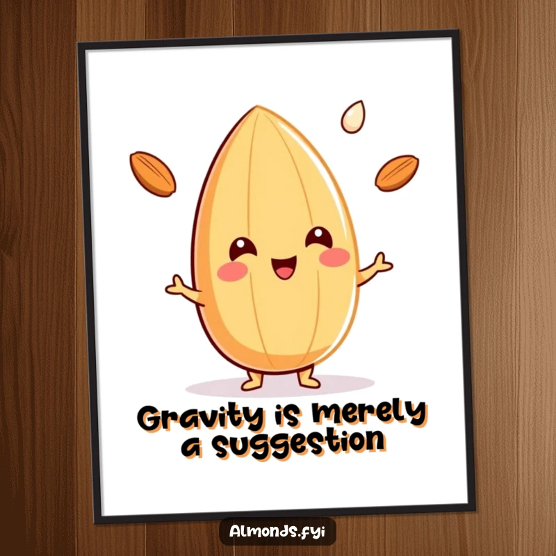 Funny poster of a cheerful almond character juggling three tiny drops of almond milk, adding a whimsical touch to wall art.