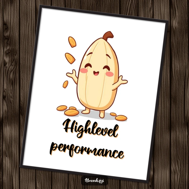 Funny Poster displaying a smiling almond character impressively juggling small almond slivers, a piece of nutty art for laughter.