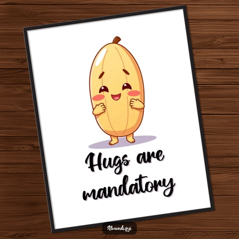 Funny poster art of a cheerful almond character giving a warm, friendly hug, bringing a sense of comfort and joy to any room.