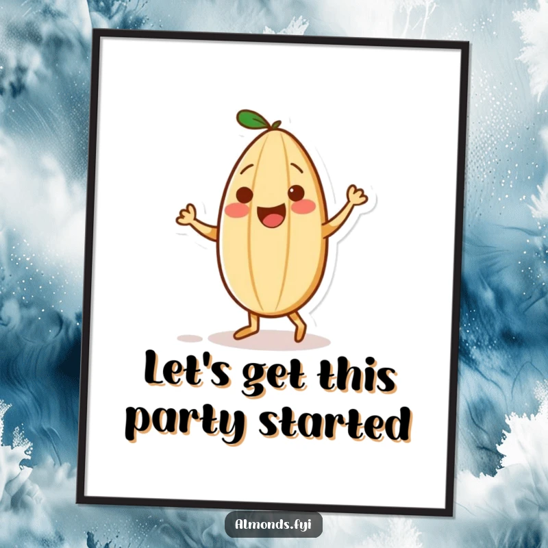 Funny poster of a playful almond character dancing with a tiny sprinkle as a partner, creating a lively and joyful scene.