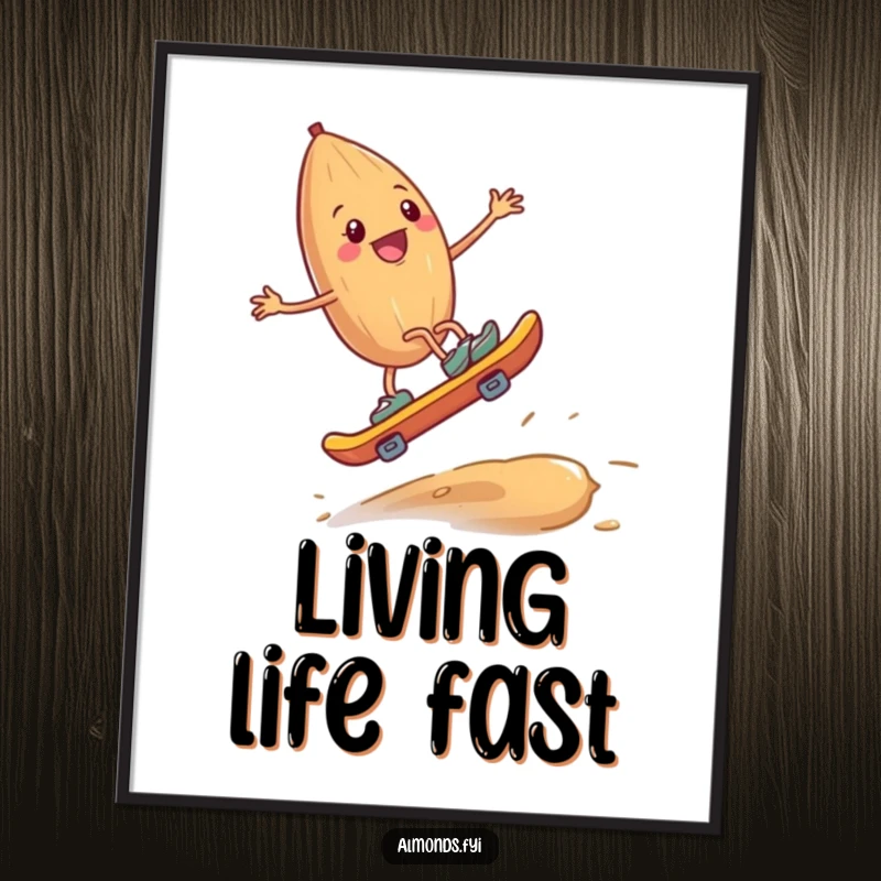 Funny poster depicting a happy almond with tiny legs skateboarding downhill on a giant cashew, a whimsical and humorous piece of art.