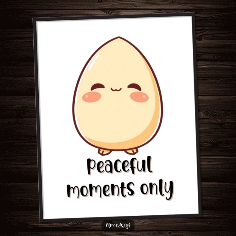 Funny poster depicting a content almond character looking upwards with a peaceful smile, creating a tranquil and calming visual focus.