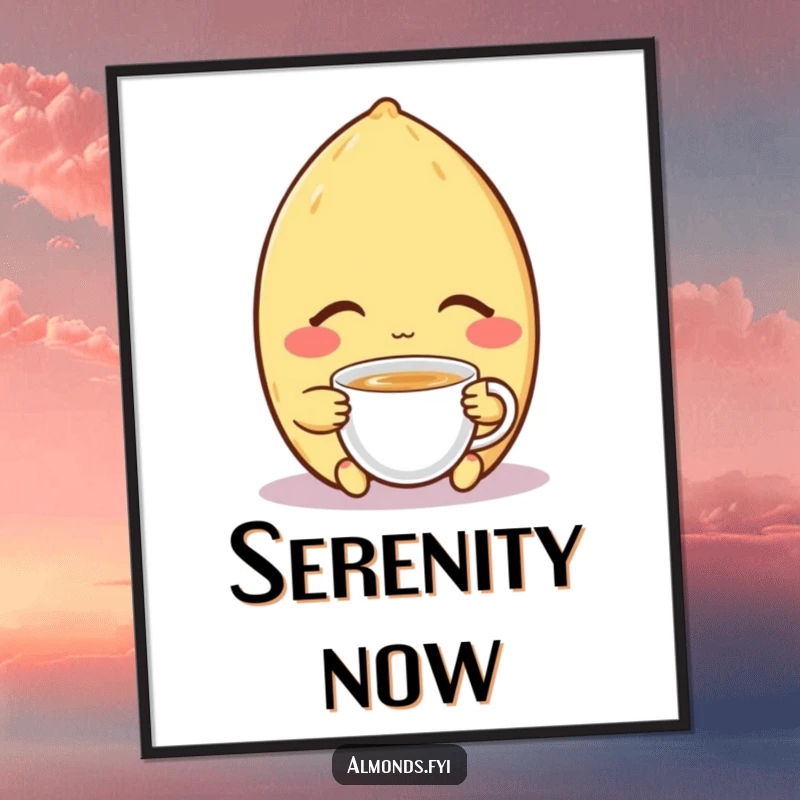 Funny poster of a contented almond character with closed eyes, peacefully sipping a tiny cup of tea, embodying quiet joy.