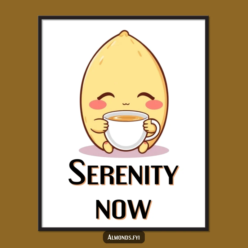 Funny Relaxing Poster: Content Almond's Tea Moment, Peaceful and Funny Decor