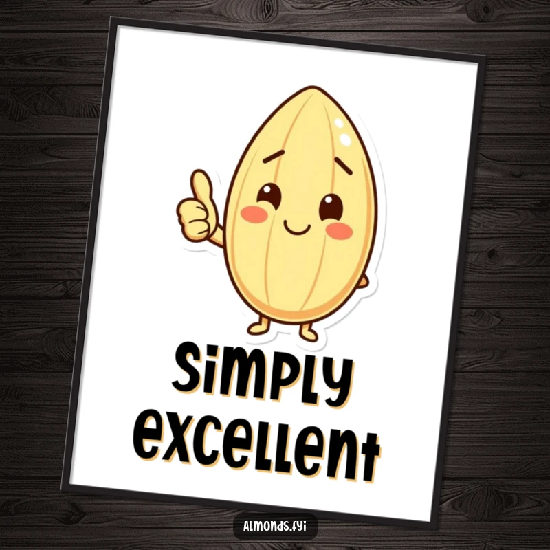 Funny poster featuring a happy almond character with a small smile giving a clear thumbs up, exuding cheerfulness.