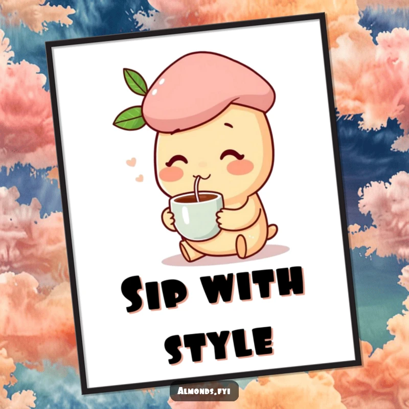 Funny poster art of a happy almond character in a beret, peacefully sipping coffee, evoking Parisian charm.