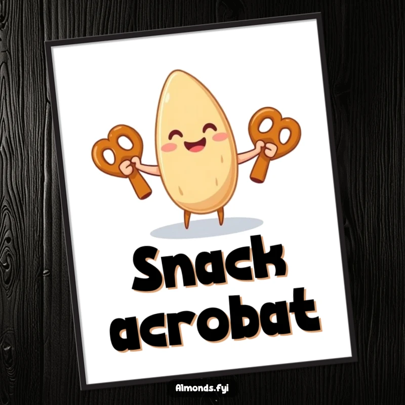 Funny poster print of a happy almond character masterfully juggling three substantial pretzel sticks with a wide, joyful grin.