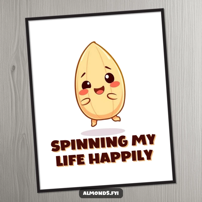 Funny poster: An almond character in a delightful spin, giggling and radiating infectious joy.