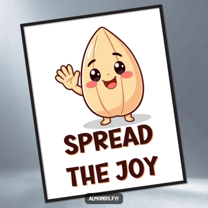 Funny poster art of a delighted almond character waving exuberantly, radiating joy and friendly greetings humorously.