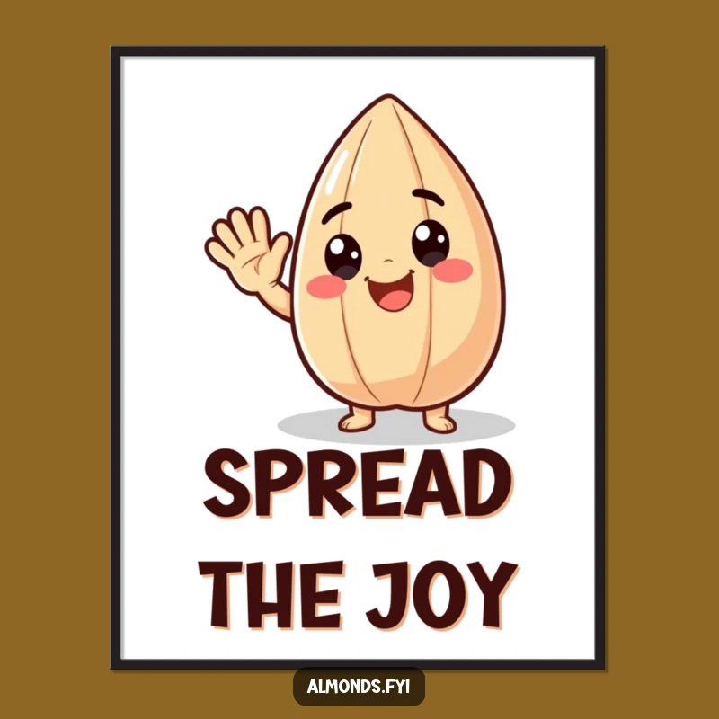 Funny Poster: Delighted Almond Character Waving, Cheerful Wall Art Gift