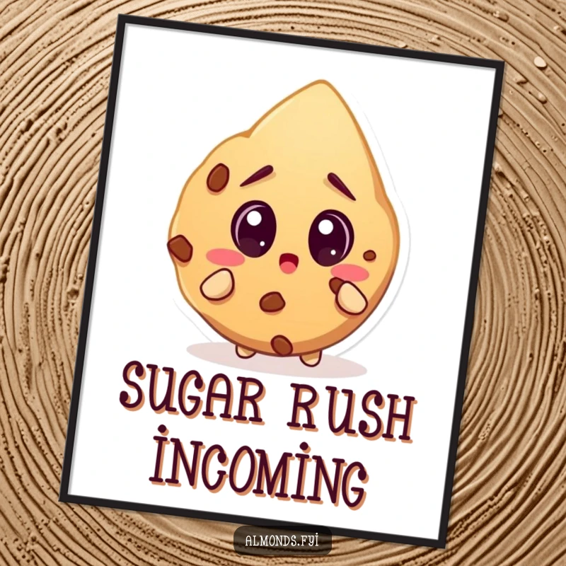 Funny poster of a wide-eyed almond character surprised by an enormous cookie, creating a comical and striking visual.