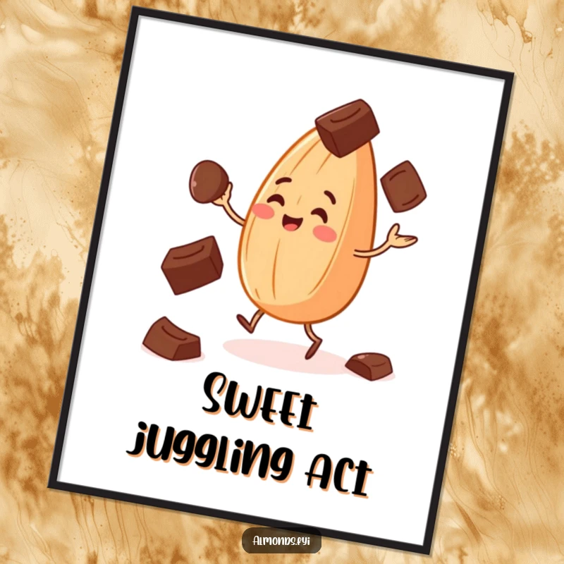 Funny poster of a cheerful almond juggling chocolate chips, adding humorous and sweet art to any room.