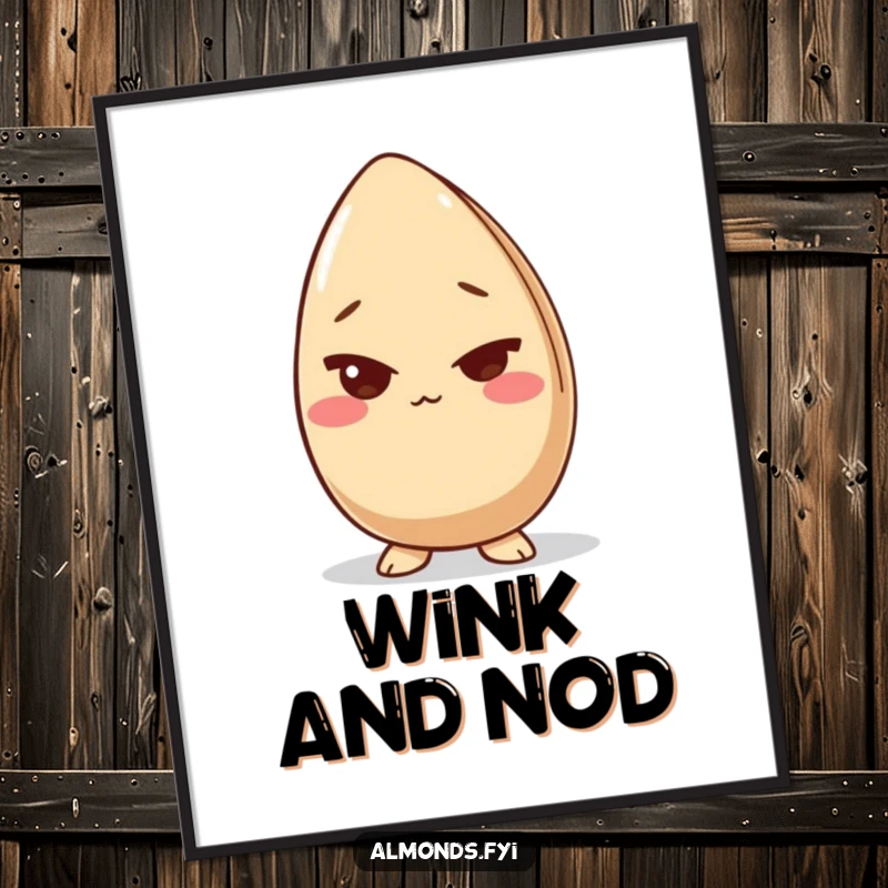 Funny poster depicting a giggling almond character giving a sly wink, adding a humorous and cheerful focal point to any wall.