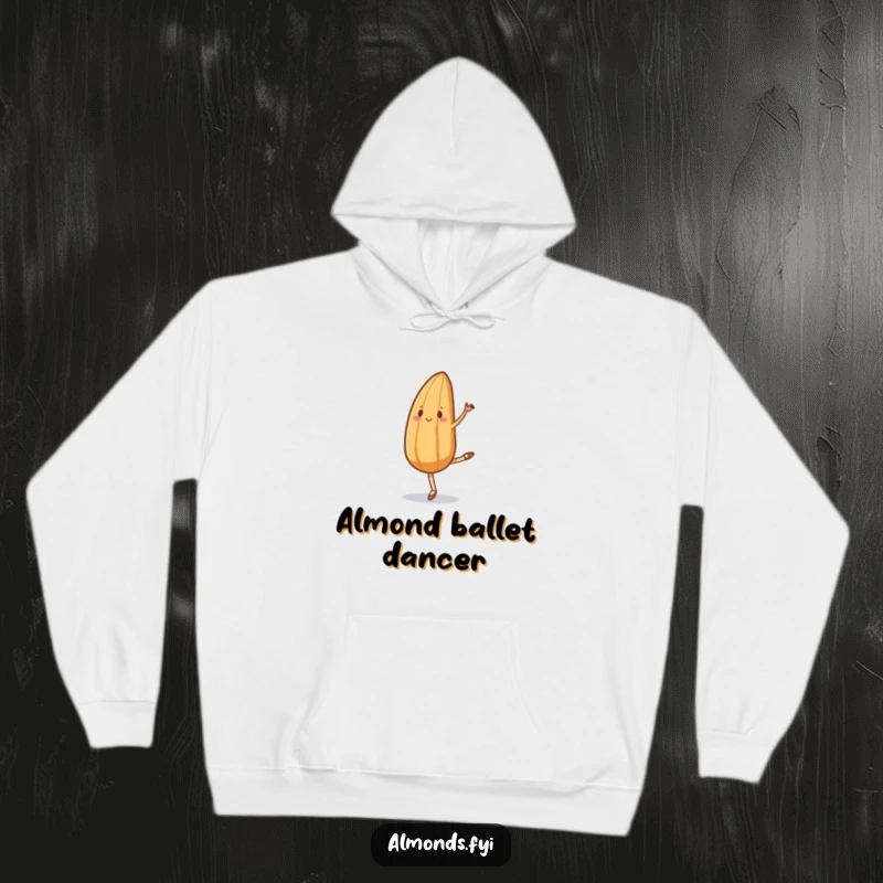 Funny hoodie showcasing an almond character mid-ballet attempt, demonstrating hilariously ungraceful yet enthusiastic moves, looking adorably clumsy.