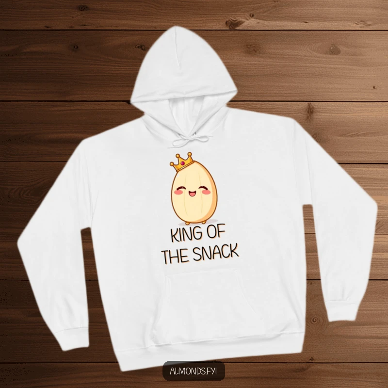 Funny hoodie design of a giggling almond character sporting a miniature crown, looking adorably regal and amused.