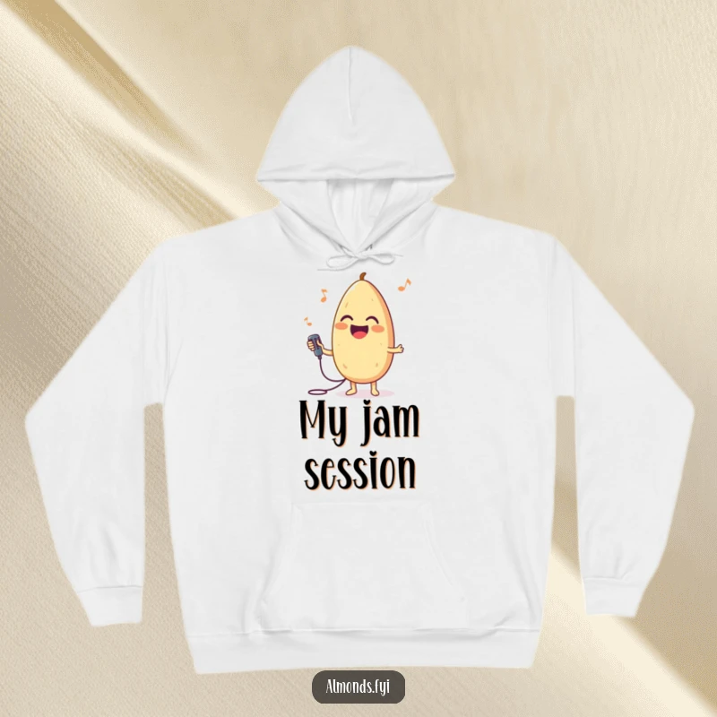 Funny hoodie featuring a joyful almond character holding a miniature microphone, captured mid-song.