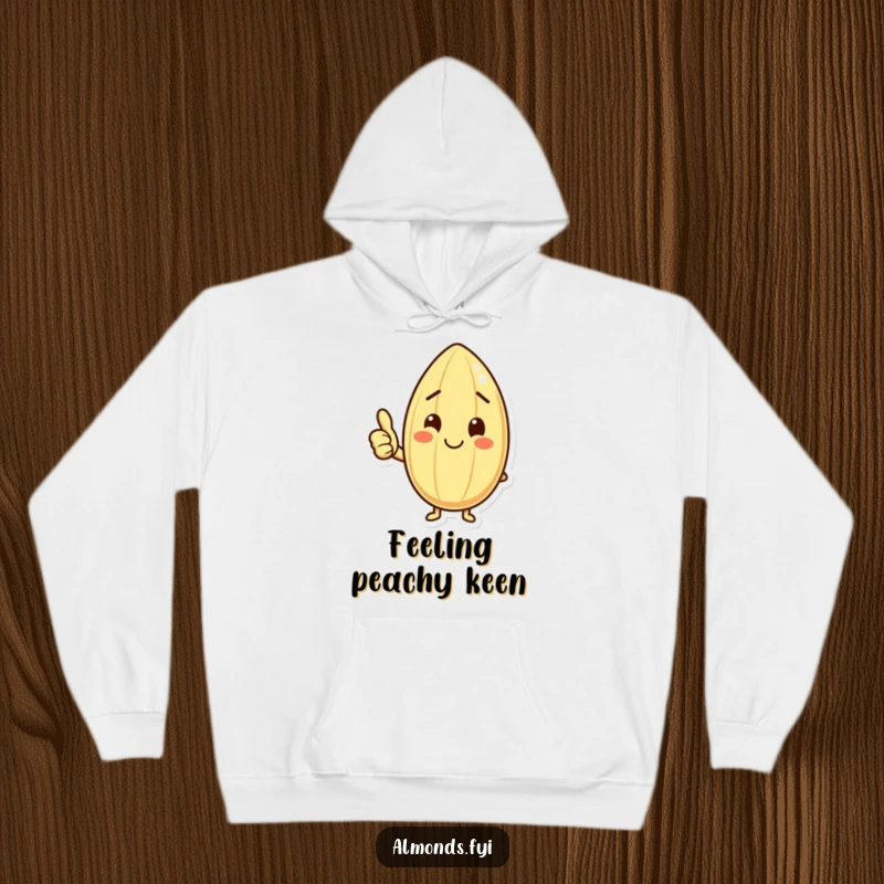 Funny hoodie showing a happy almond character giving a big thumbs up, radiating positivity and a warm, friendly smile.