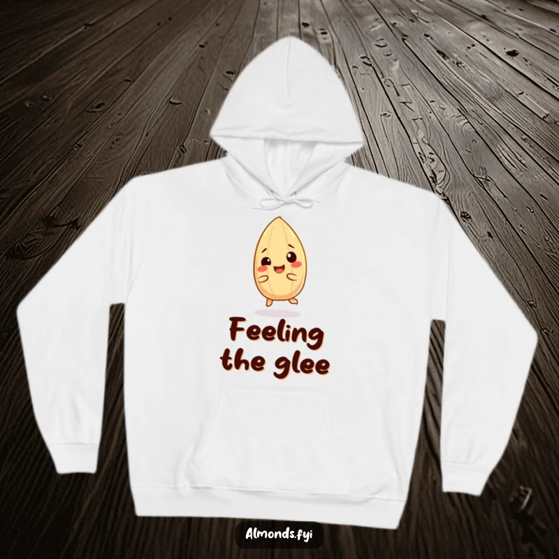 Funny hoodie: A giggling almond character in a playful spin, radiating happiness and warmth.