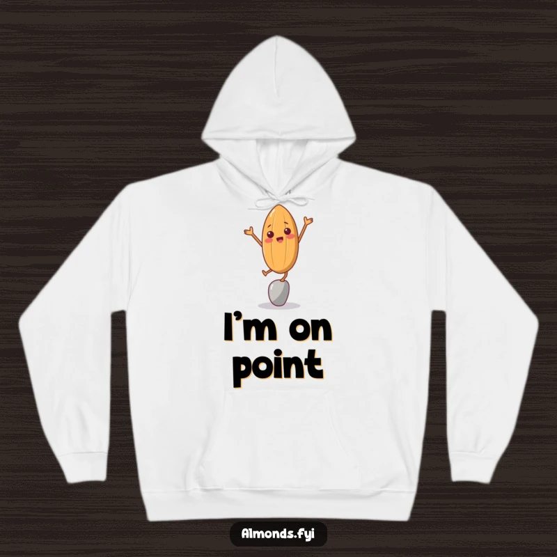 Funny hoodie displaying a cheerful almond character in a comical balancing pose, perfect for cozy, humorous moments.