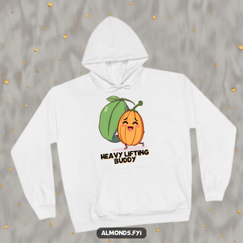 Funny hoodie featuring a small, determined almond character attempting to push an oversized, friendly raisin, evoking effort.