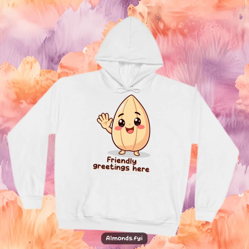 Funny hoodie print of a delighted almond character waving hello cheerfully, conveying warmth and happy greetings humorously.