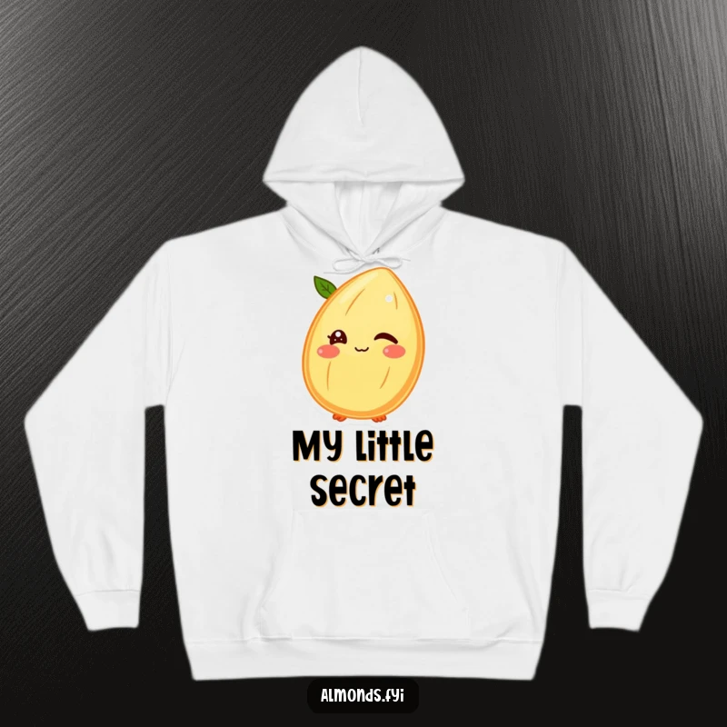 Funny hoodie print of a winking almond character with its shell face, conveying playful secrets and cheeky charm humorously.