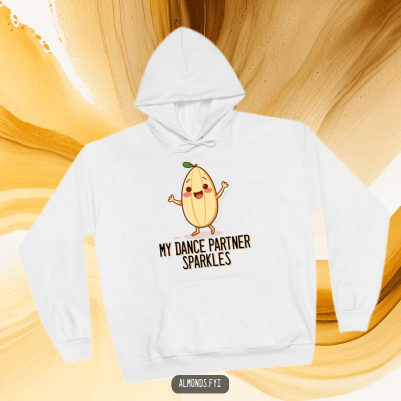 Funny hoodie with a playful almond character elegantly dancing with a tiny sprinkle partner, embodying grace and joy.