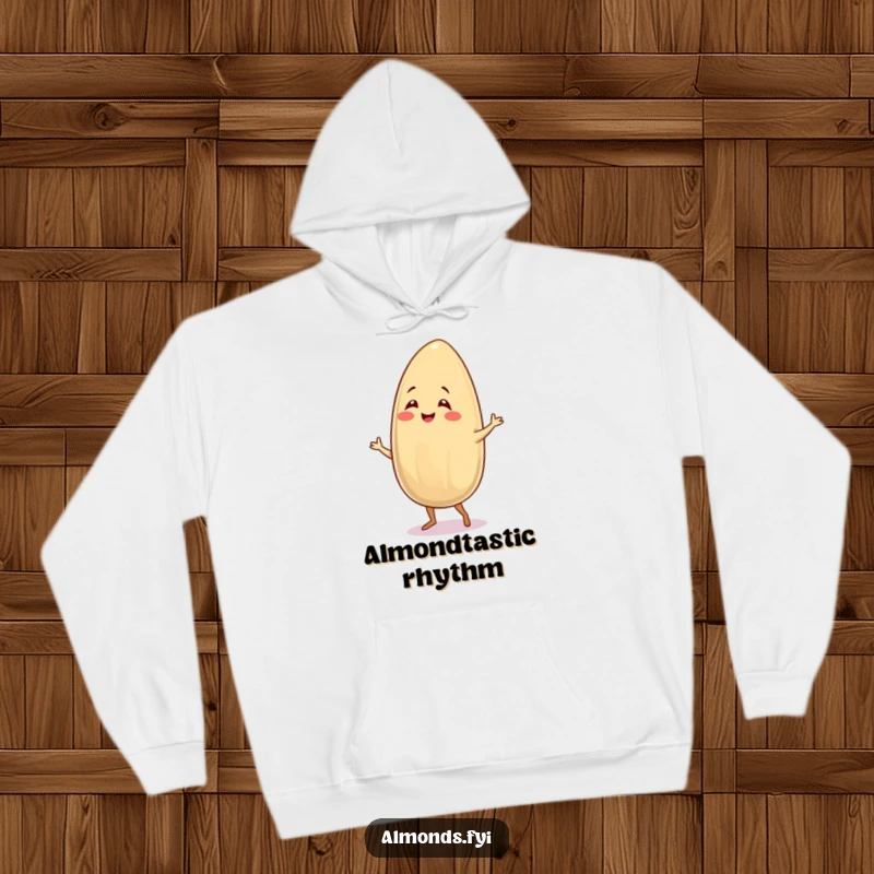 Funny hoodie with a smiling almond character doing a spirited salsa dance, perfect for humorous, cozy lounging.