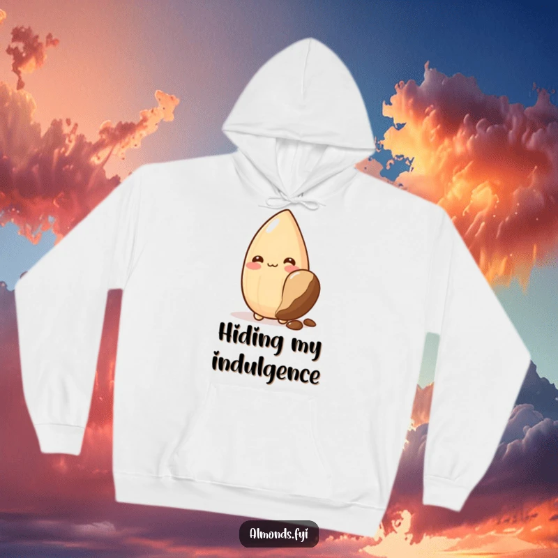 Funny hoodie: adorable almond character blushing and peeking out from behind a large chocolate chip, offering warmth and humor.