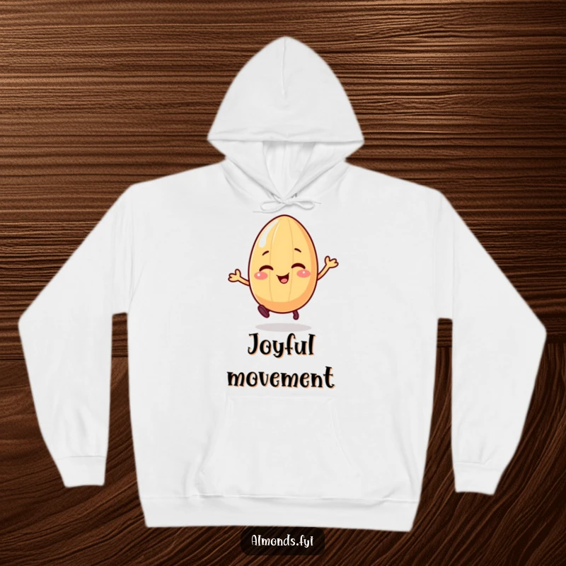 Funny hoodie featuring a giggling almond character on legs, joyfully bouncing, perfect for cozy fun.