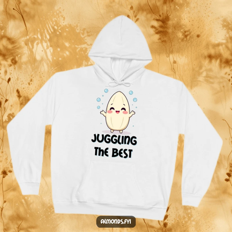 Funny hoodie with a playful, round almond character gleefully juggling tiny dew drops, radiating happiness.