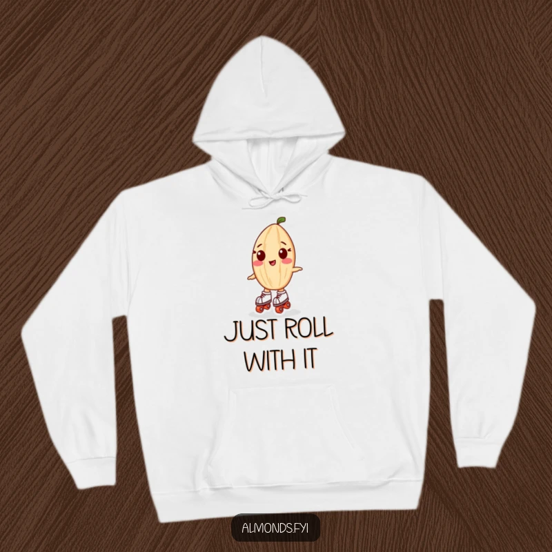 Funny hoodie: A cute almond character in tiny roller skates, looking ready for fun and adventure.