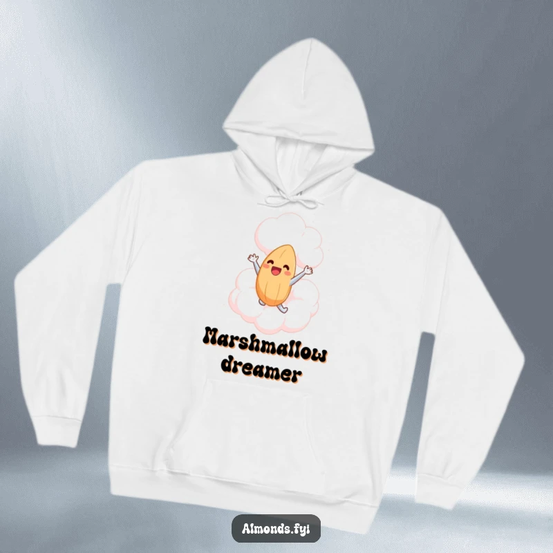 Funny hoodie showing a delighted almond character joyfully leaping into a massive, soft marshmallow cloud, embodying carefree happiness.