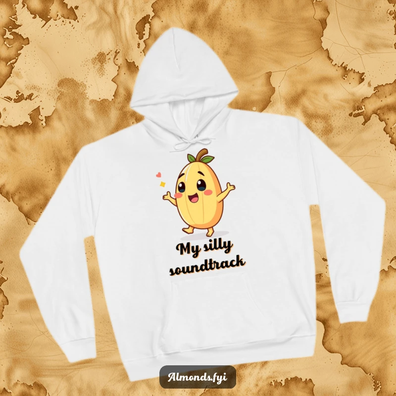 Funny Hoodie featuring a giggling almond character in a funny dance pose, offering warmth and humorous entertainment.