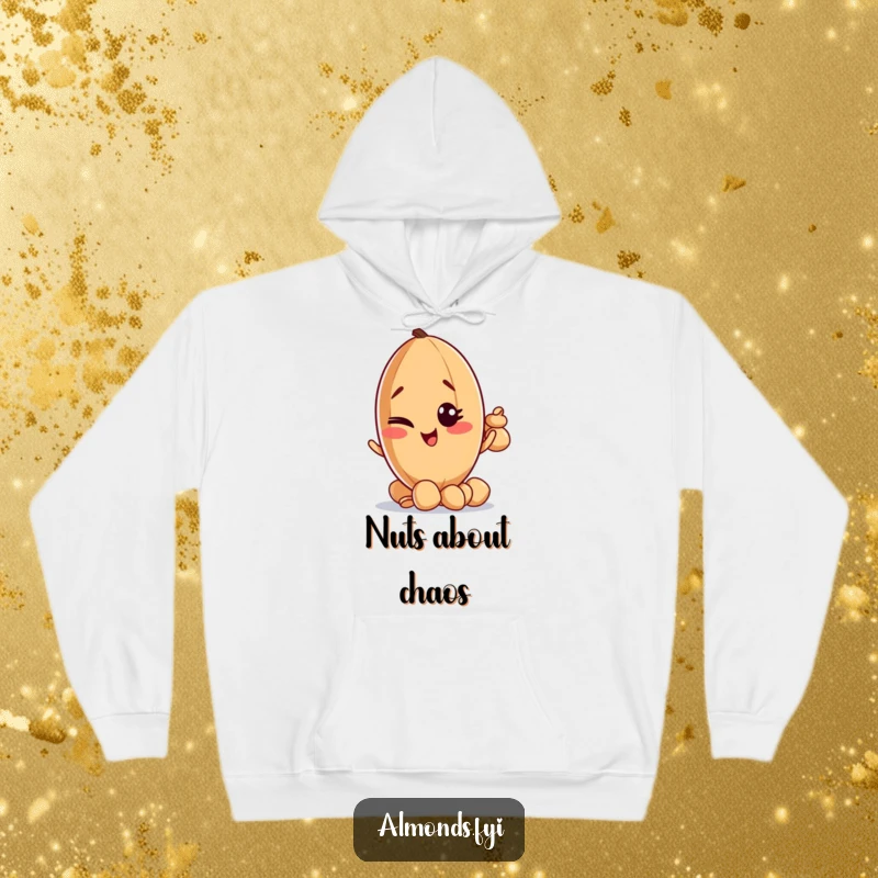 Funny hoodie showcasing a winking almond character with a playful smirk, balancing a tower of small nuts.