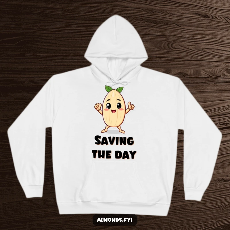 Funny hoodie displaying a happy little almond character in a powerful, heroic stance, offering cozy strength.