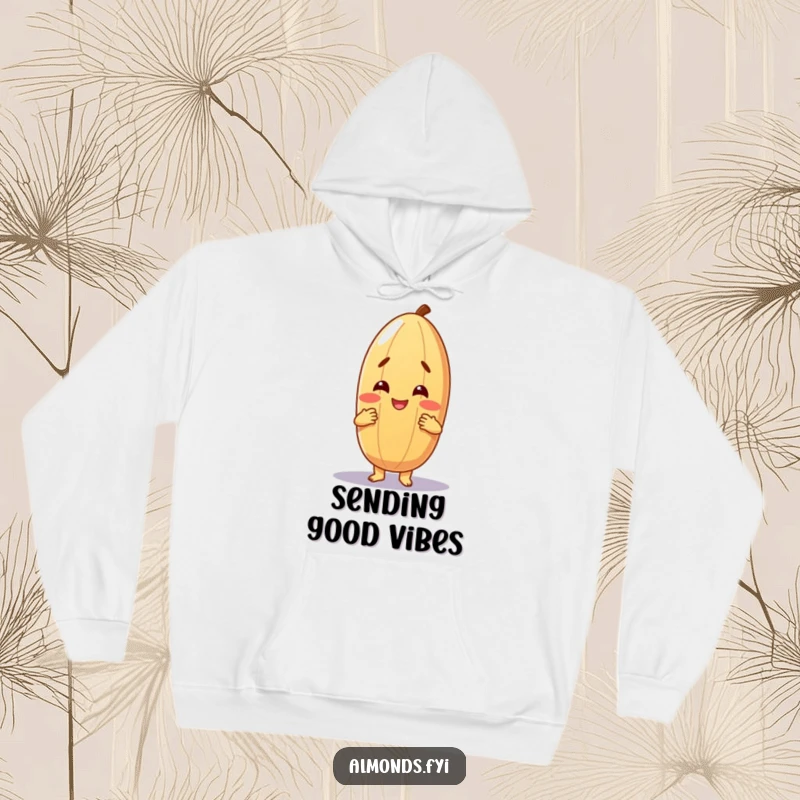 Funny hoodie featuring a cheerful almond character giving a comforting, friendly hug, perfect for staying warm and spreading positivity.
