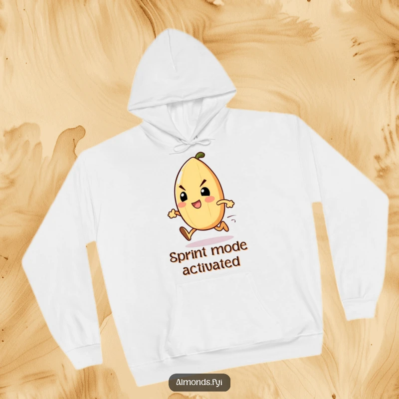 Funny Almond Sprinter Hoodie: An excited almond character with a determined face, sprinting forward with energy. Perfect funny gift.