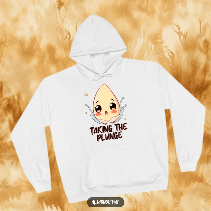 Funny surprised almond character with exaggerated eyes, floating in a splash, printed on a comfortable hoodie.