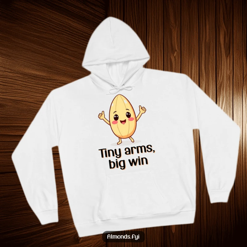 Funny hoodie featuring a smiling almond with adorable tiny arms doing a triumphant victory dance, perfect for chilly days and warm laughs.