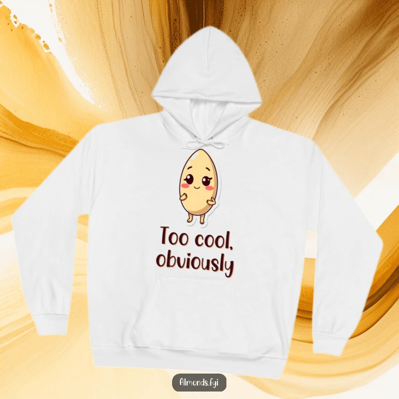Funny hoodie: suave almond character with a knowing wink and a small smile, exuding effortless cool and mischief.