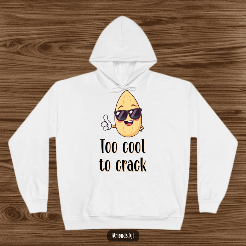 Funny hoodie with a cheerful almond in sunglasses giving a thumbs up, offering warmth and a dose of nutty humor.