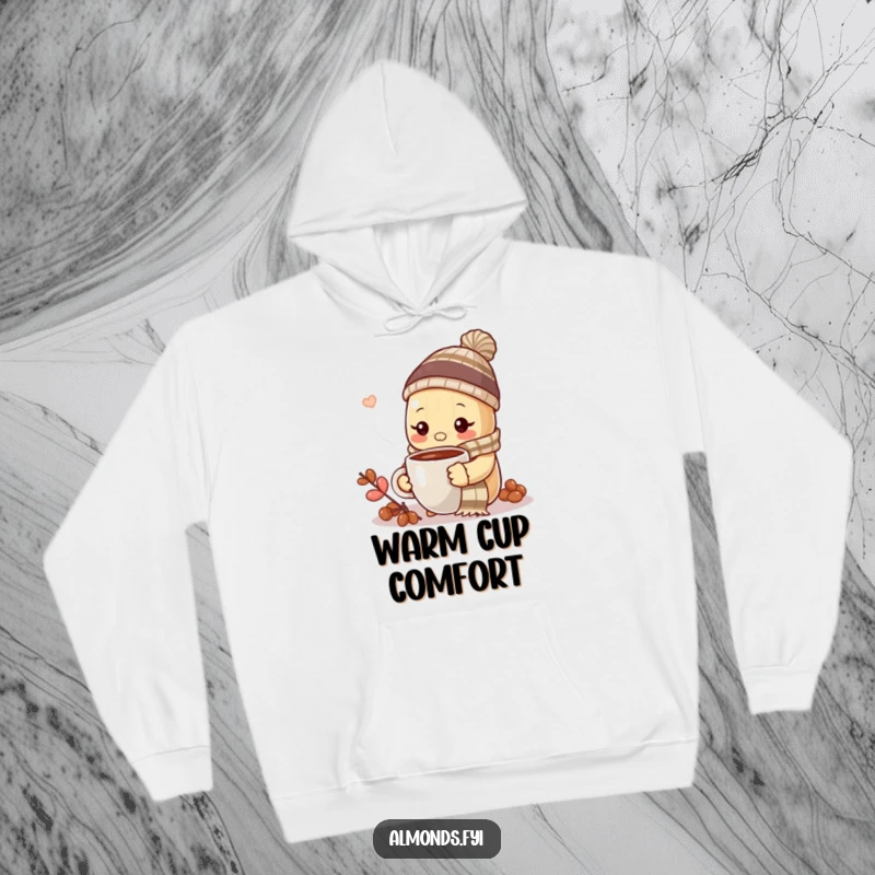 Funny almond wearing a scarf and hat, enjoying hot coffee, on a warm hoodie.