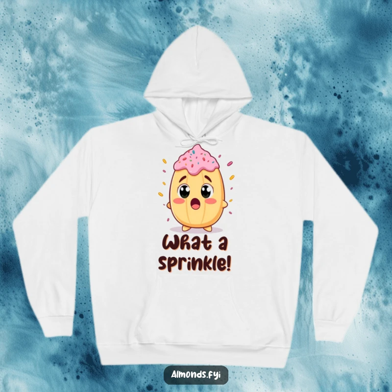 Funny hoodie displaying a delighted almond character with wide, surprised eyes, gazing at a massive sprinkle.