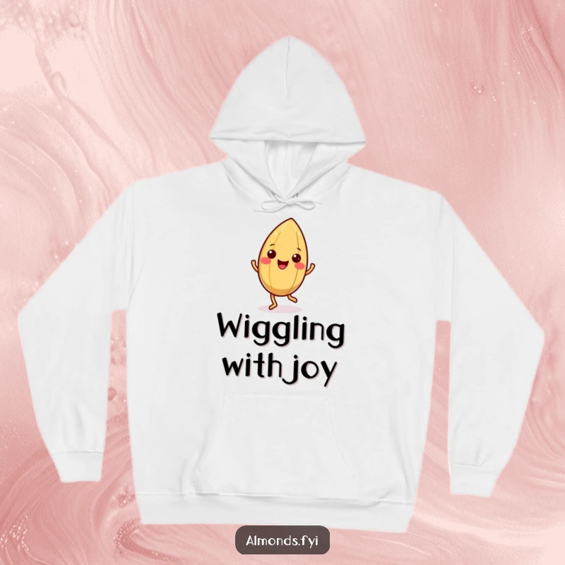 Funny hoodie with a happy almond character doing a little jig, its shell wiggling to the beat of pure joy.