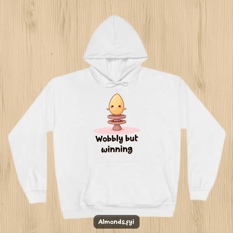 Funny hoodie depicting a wobbly almond trying to balance on a spinning sugar top, cozy and humorous apparel for fun lovers.